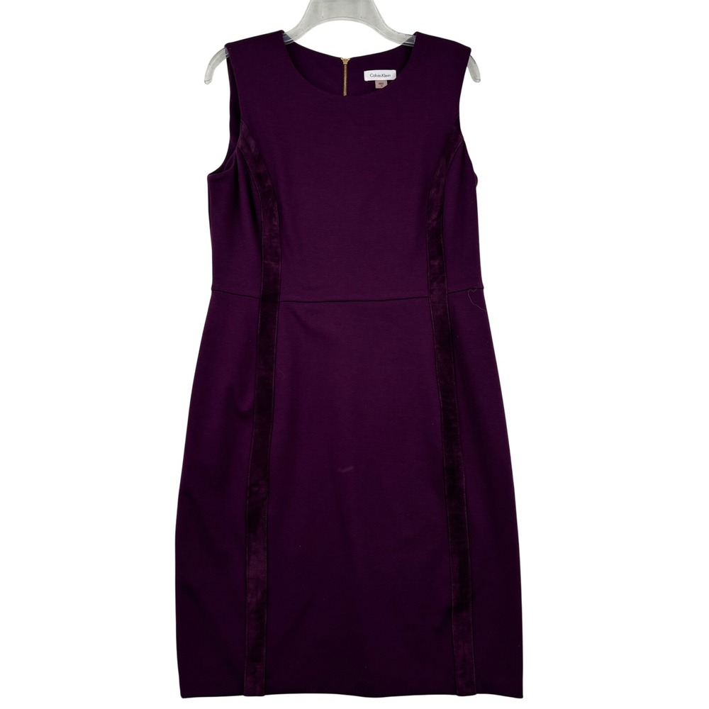 Calvin Klein Faux Suede Trim Sheath Dress Womens 12 Purple Sleeveless Gold Zip
